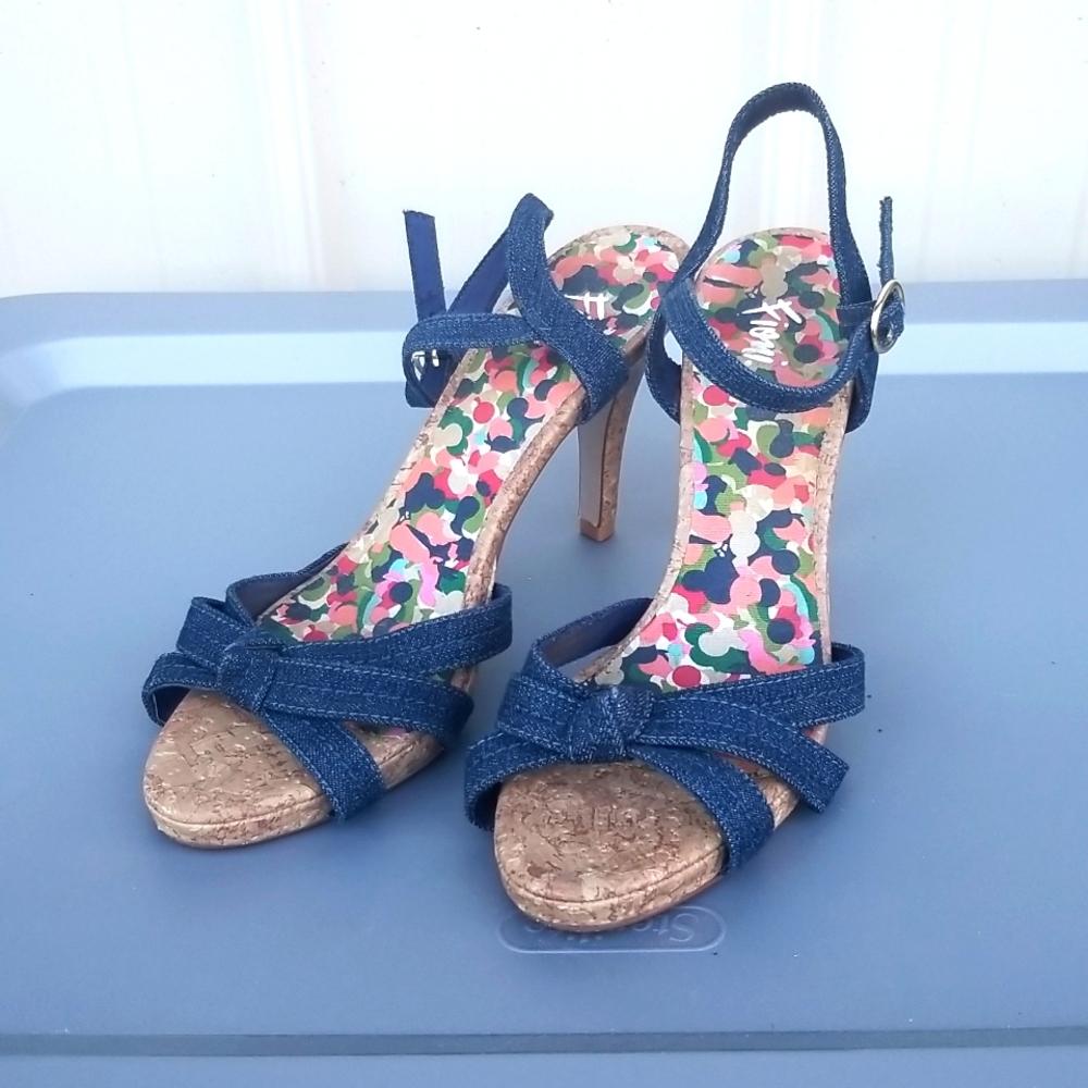 Fioni Strappy Denim Cork stiletto sandals
